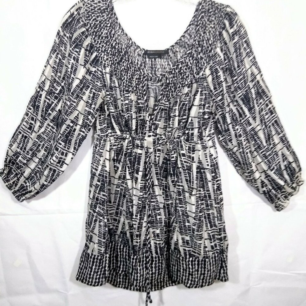 BCBG MaxAzria 100% Silk Flowy Peasant Keyhole Top